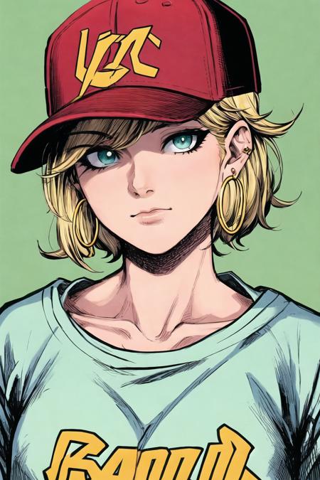 00050-1648506540-jim lee, masterpiece, best quality, 1girl, aqua eyes, baseball cap, blonde hair, closed mouth, earrings, green background, hat,.png